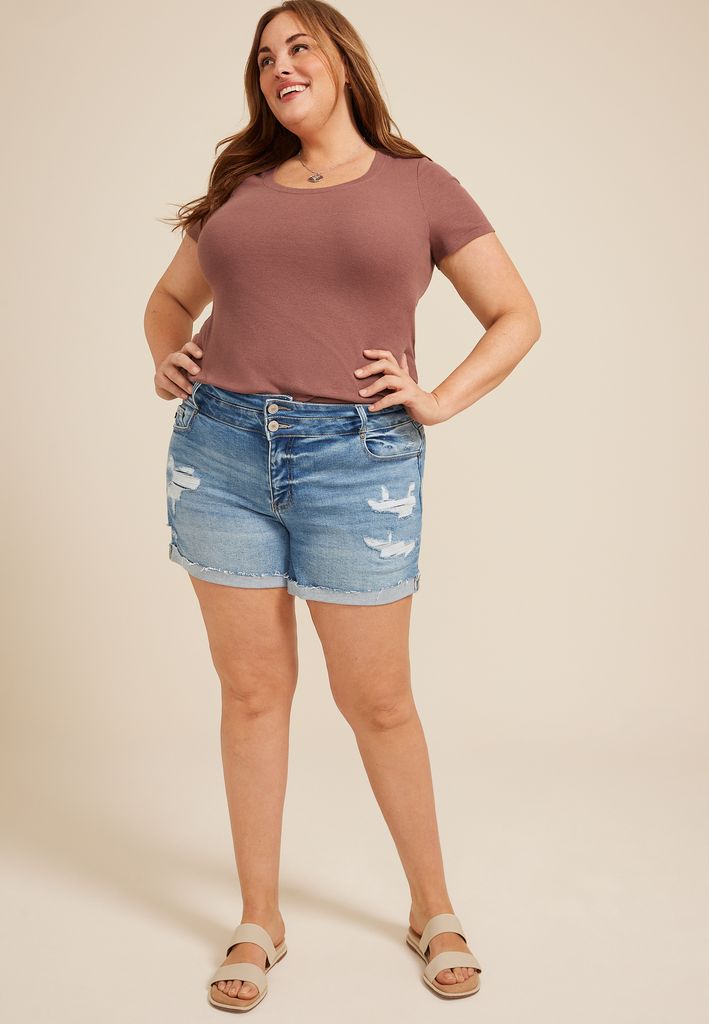 Plus Size KanCan™ Mid Rise Stacked Waist Raw Cuffed Hem 5in Short