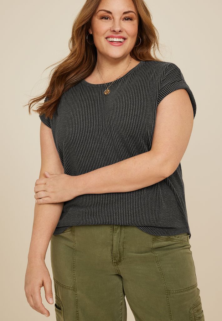 Plus Size 24/7 Clara Wavy Ribbed Short Sleeve Tee