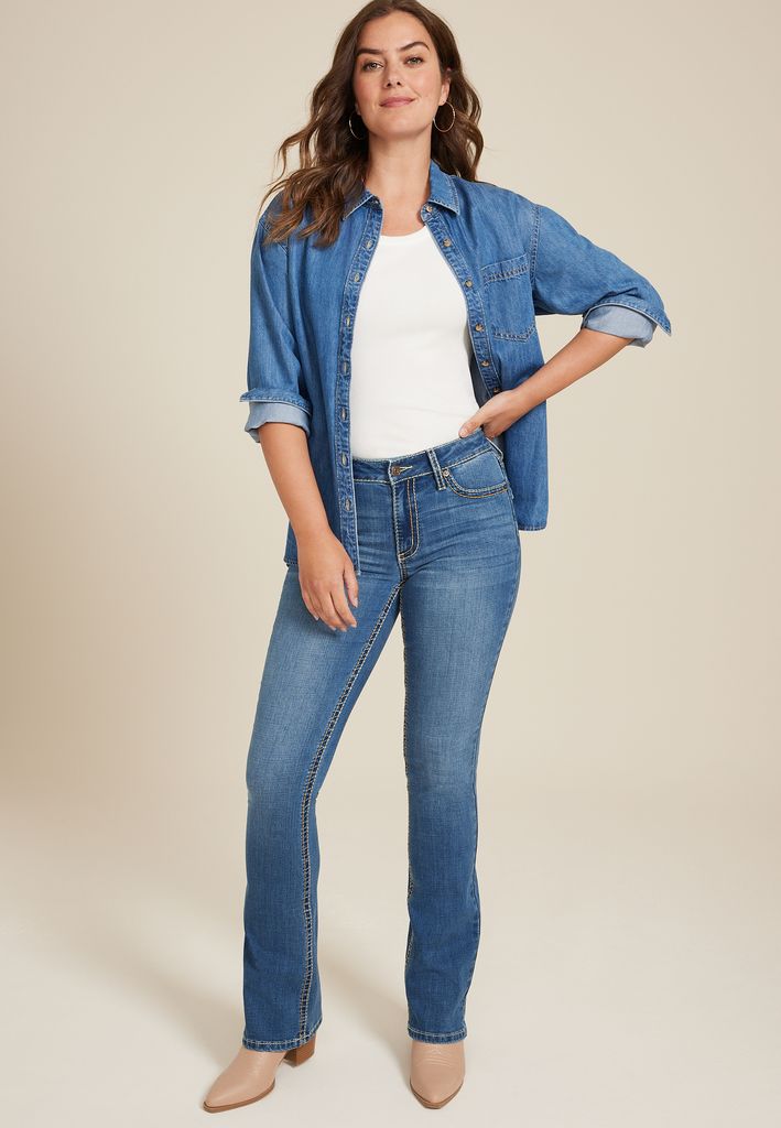 Crosshatch Mid Rise Thick Stitch Bootcut Jean