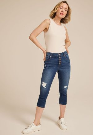 m jeans by maurices&trade; Dark High Rise Button Fly Capri