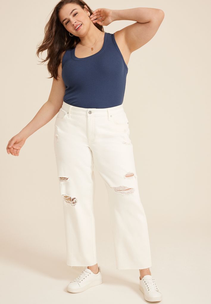 Plus Size edgely™ High Rise Raw Hem Relaxed Straight Ankle Jean