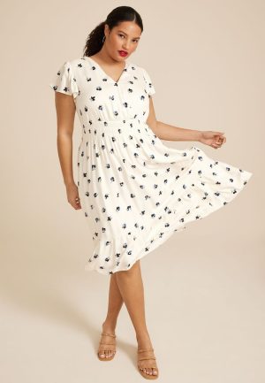 Plus Size Flutter Sleeve V Neck Midi Dress