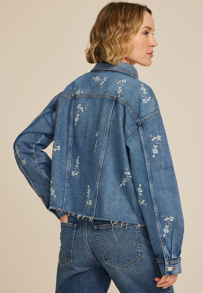 Embroidered Floral Cropped Denim Jacket - Image 2