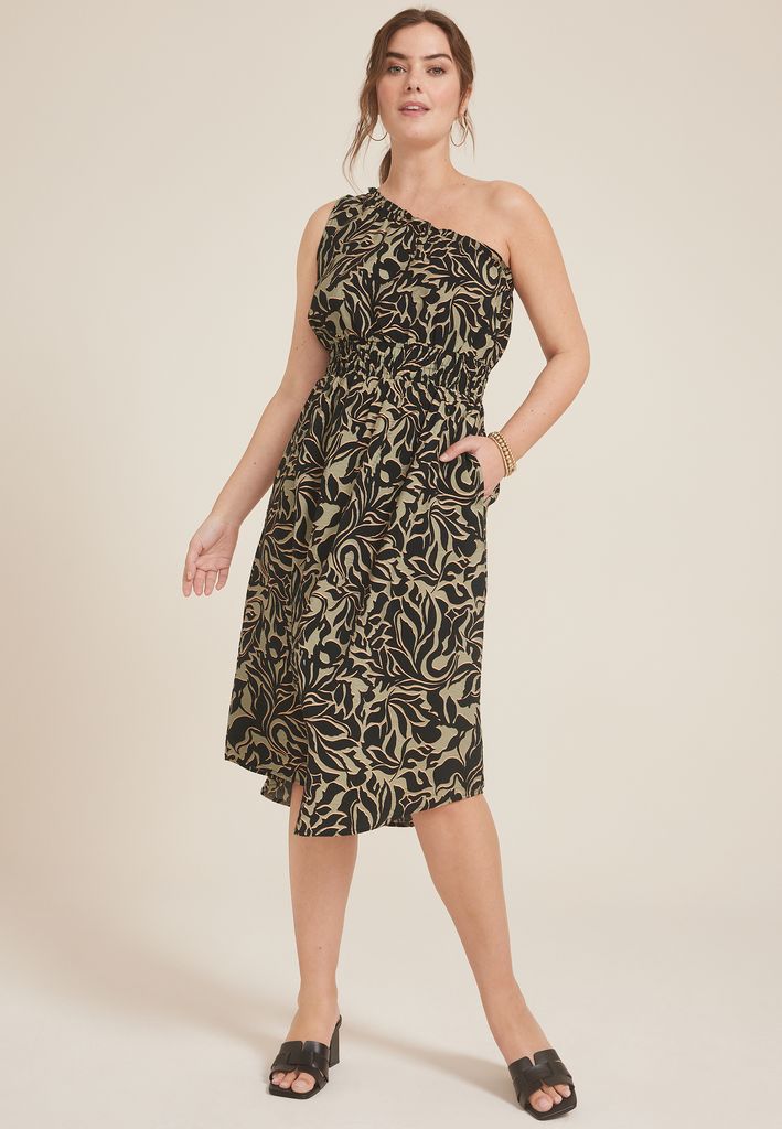 One Shoulder Printed Midi Dress