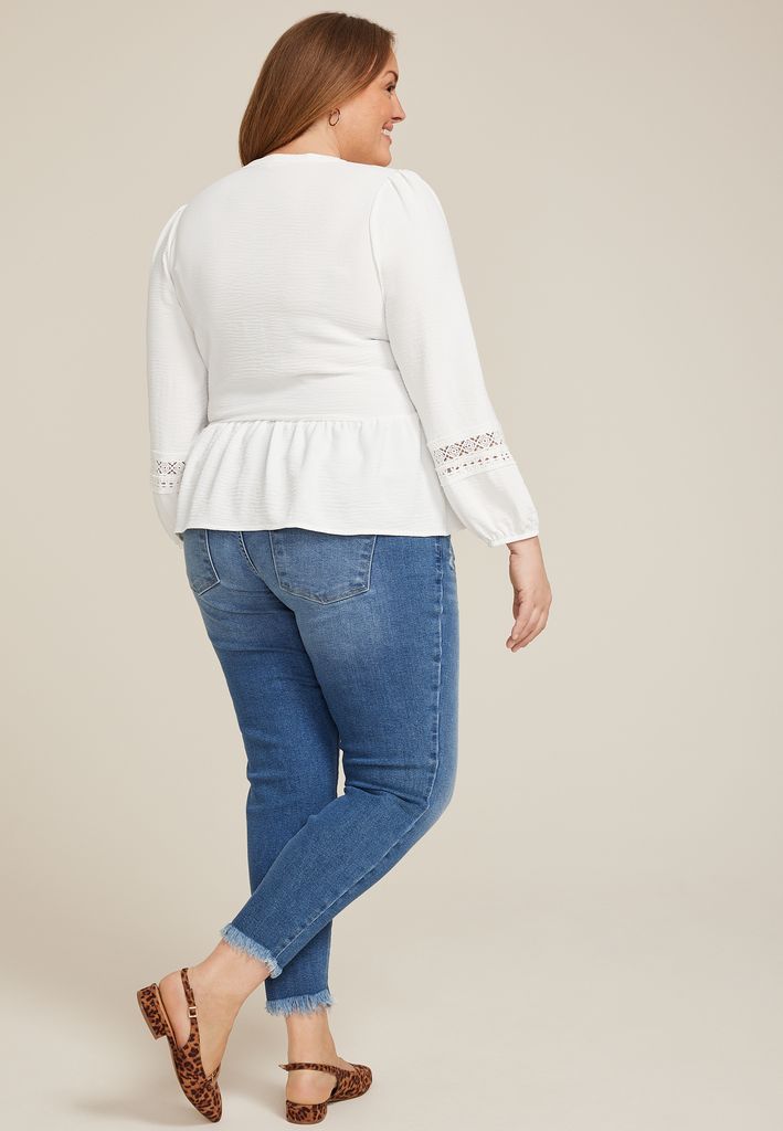Plus Size Soft White Crochet Trim Tie Front Peplum Top - Image 2