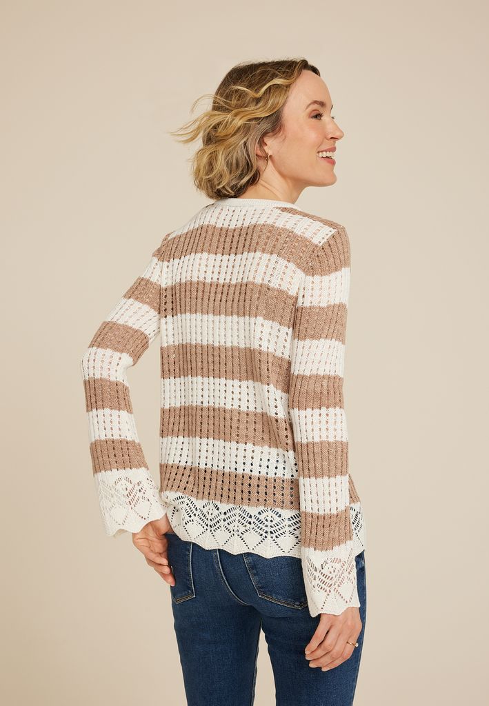 Striped Open Stitch Bell Sleeve Sweater - Image 2