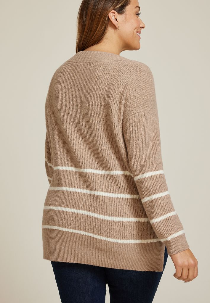 Plus Size Striped Slouchy V Neck Sweater - Image 2
