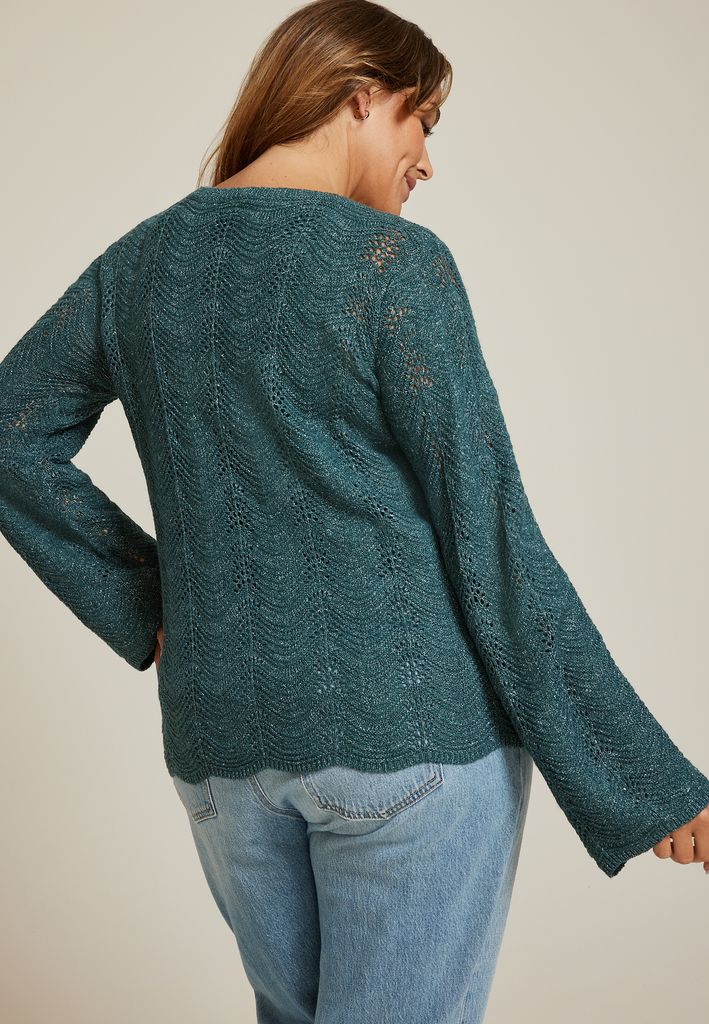 Plus Size Wave Stitch Bell Sleeve Sweater - Image 2