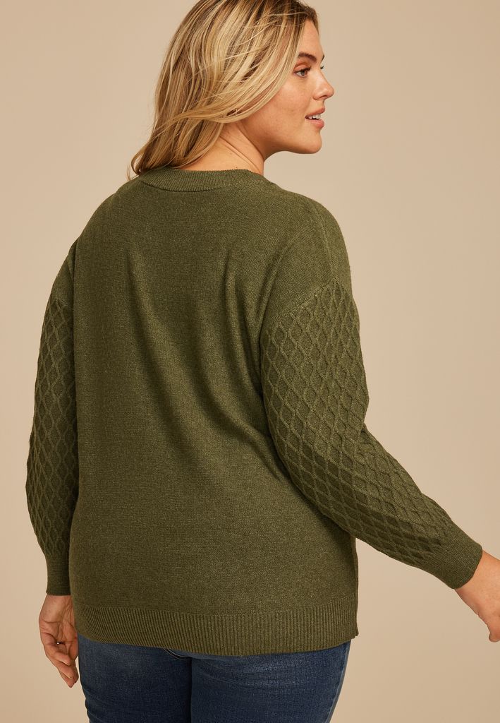 Plus Size Honeycomb Sleeve Crew Neck Sweater - Image 2