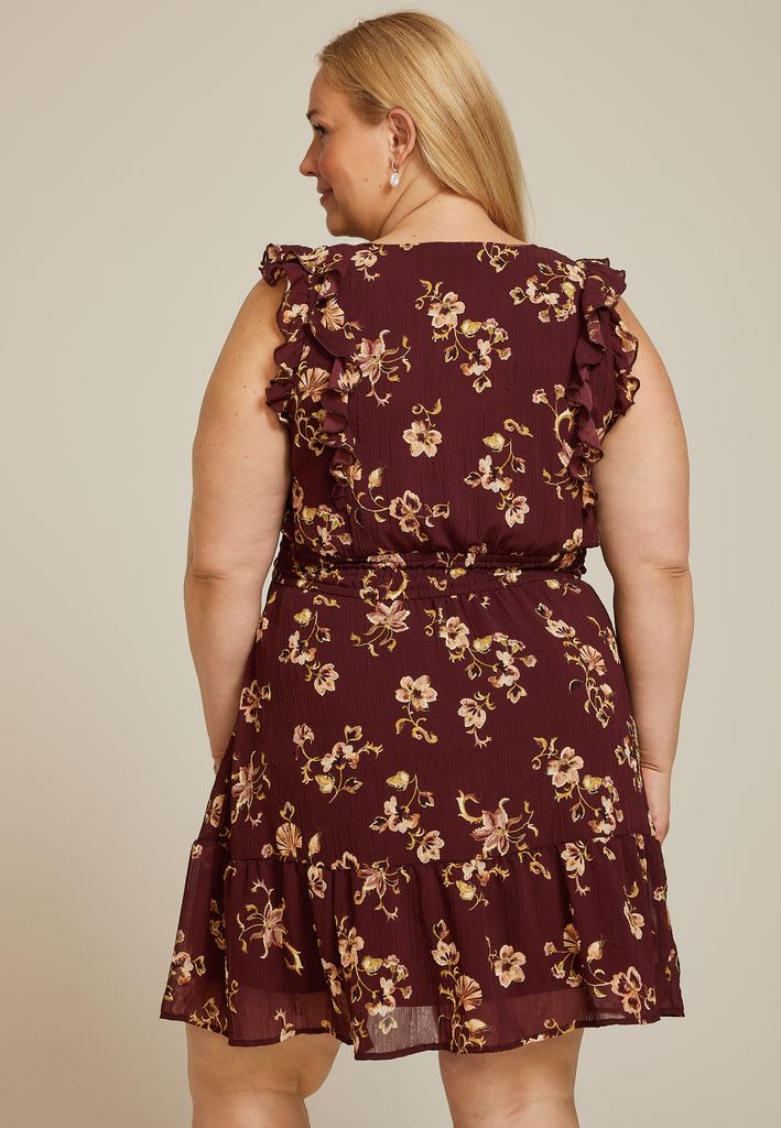 Plus Size Bare Floral Ruffle V Neck Skater Dress - Image 2