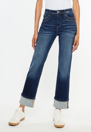 KanCan™ High Rise Seamed Pocket Cuffed Hem Straight Jean