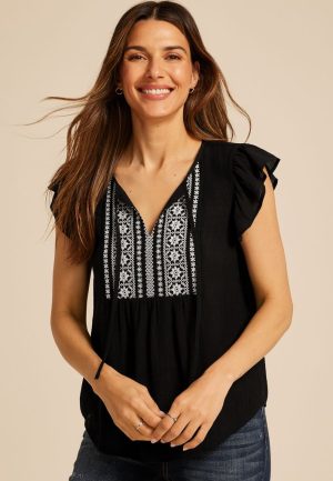Embroidered Short Flutter Sleeve Tie Front Blouse