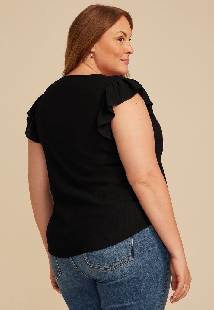 Plus Size Embroidered Short Flutter Sleeve Tie Front Blouse - Image 2