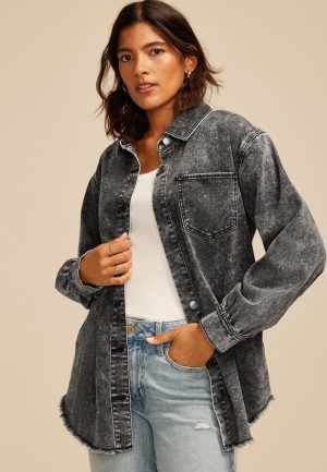 Washed Black Fray Hem Shacket