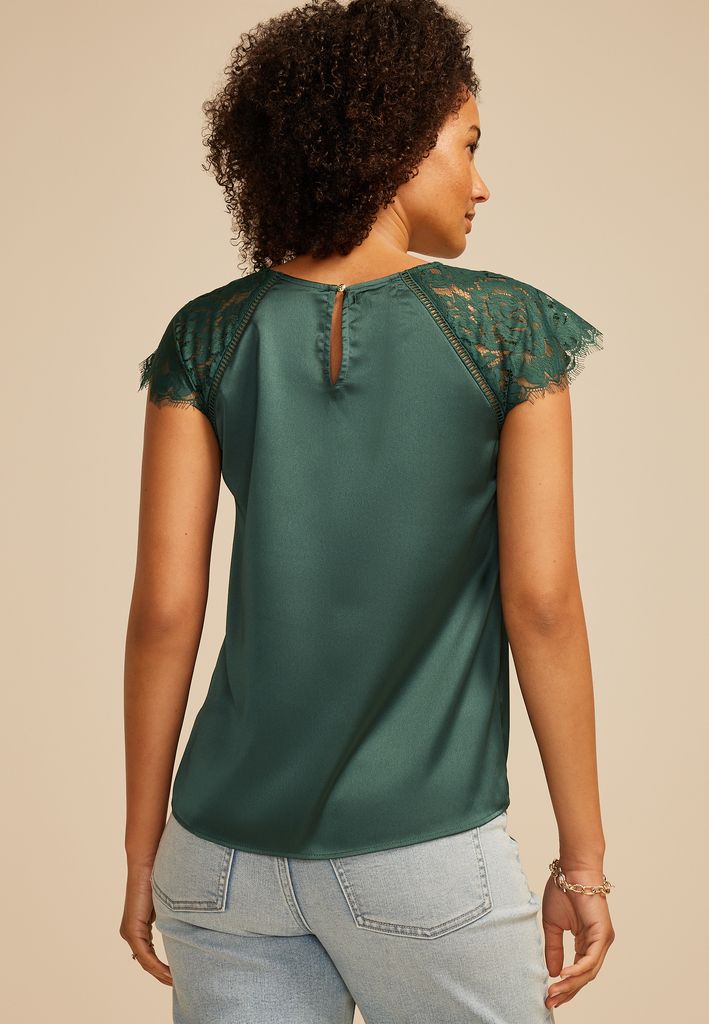 Mixed Fabric Lace Short Sleeve Blouse - Image 2