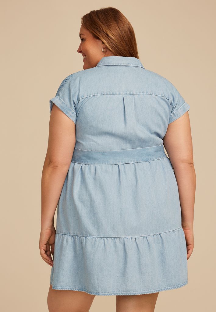 Plus Size Denim Tie Waist Short Sleeve Shirt Dress - Image 2