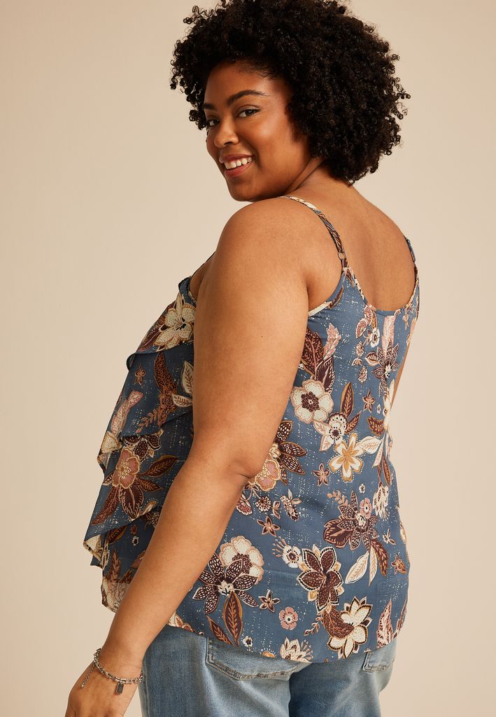 Plus Size Blue Floral Ruffle Tiered Cami Top - Image 2
