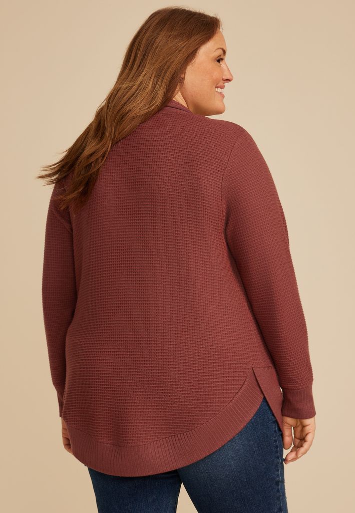 Plus Size Waffle Knit Curved Hem Cardigan - Image 2