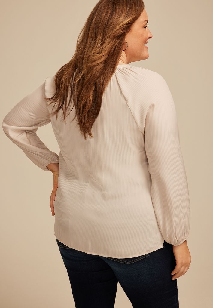 Plus Size Striped Henley V Neck Blouse - Image 2