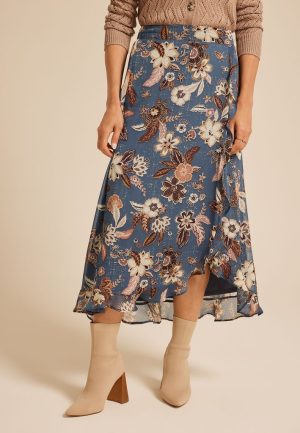 Blue Floral Faux Wrap Maxi Skirt