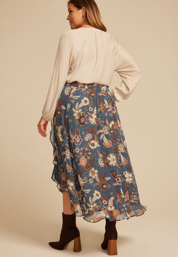 Plus Size Blue Floral Faux Wrap Maxi Skirt - Image 2