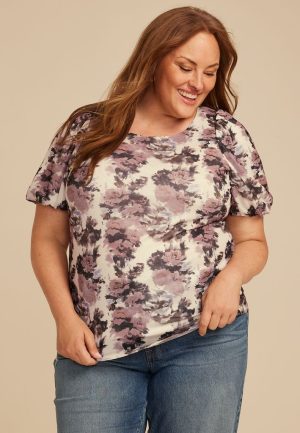 Plus Size Studio Y Abstract Floral Mesh Puff Sleeve Blouse