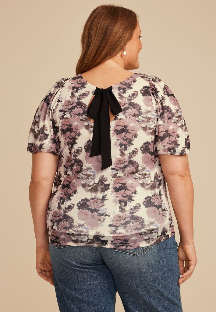 Plus Size Studio Y Abstract Floral Mesh Puff Sleeve Blouse - Image 2