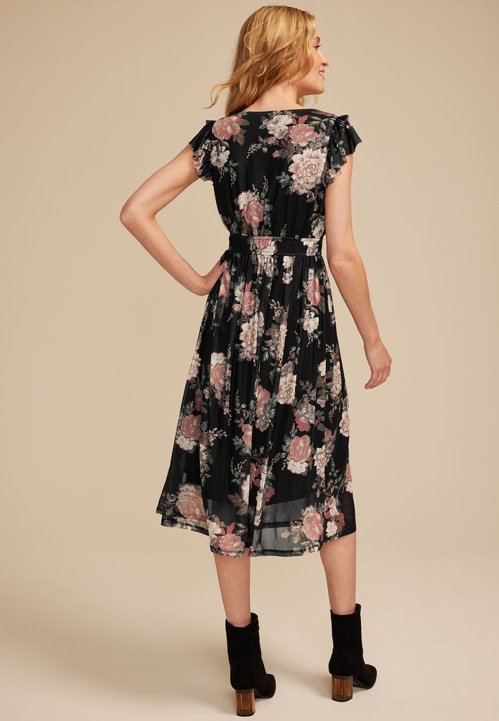 Floral Mesh Flutter Sleeve Midi Dress - Image 2