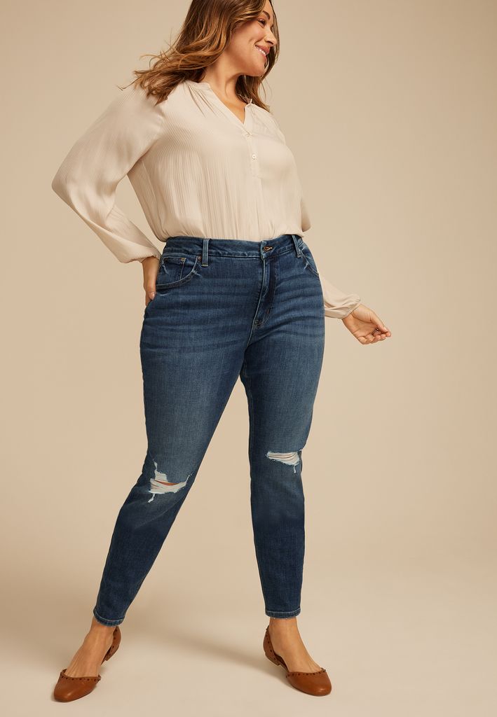Plus Size edgely™ Dark High Rise Ripped Cheeky Super Skinny Jean