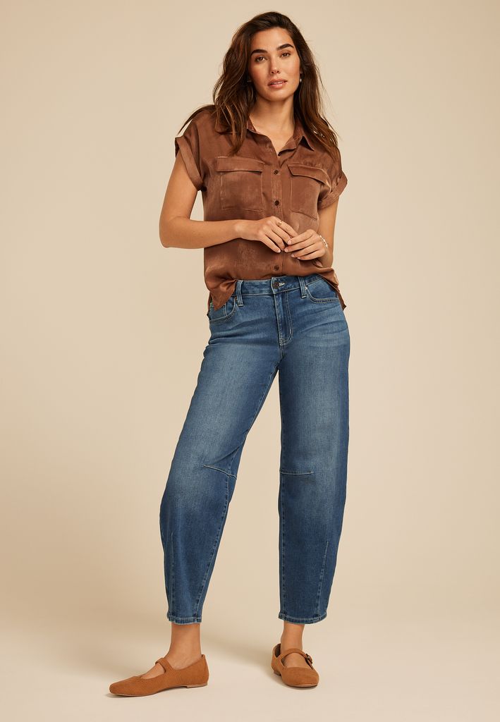Dark Mid Rise Barrel Jean
