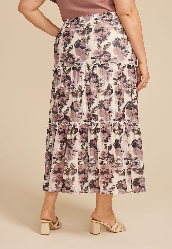 Plus Size Studio Y Abstract Floral Mesh Tiered Maxi Skirt - Image 2