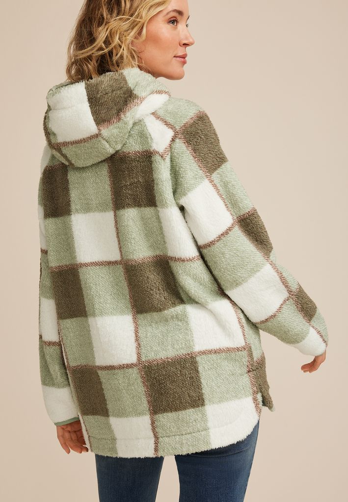 Sherpa Plaid Hooded Snap Button Front Jacket - Image 2