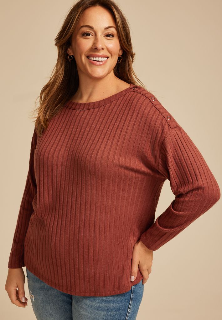 Plus Size Ribbed Knit Snap Shoulder Top