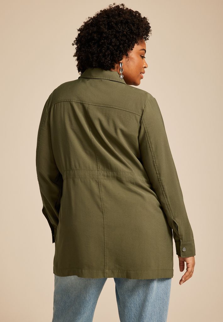 Plus Size Olive Twill Cinched Waist Jacket - Image 2
