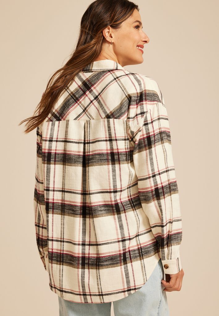 Cabin Plaid Boyfriend Tunic Button Down Shirt - Image 2