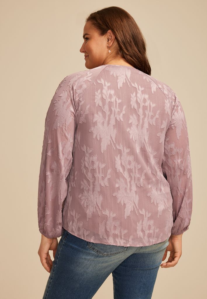 Plus Size Jacquard Floral Lace Up Peasant Blouse - Image 2