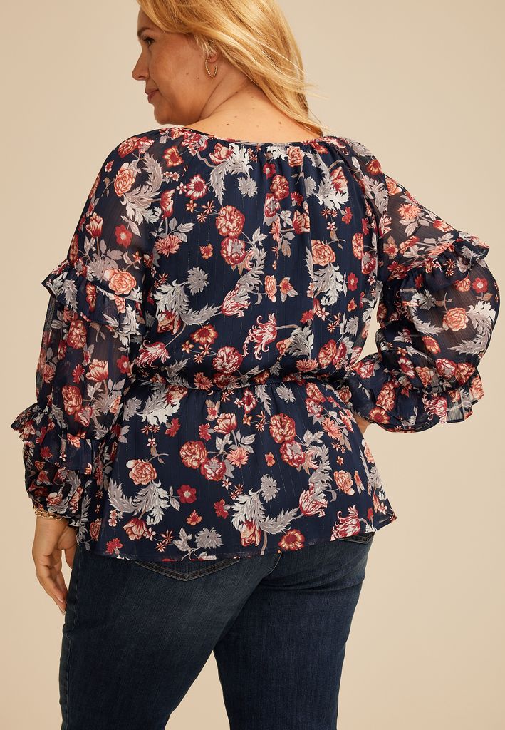 Plus Size Sheer Floral Tiered Sleeve Blouse - Image 2