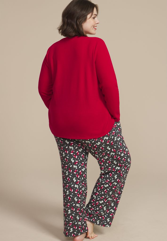 Plus Size Hacci Henley Long Sleeve Tee And Wide Leg Pajama Set - Image 2