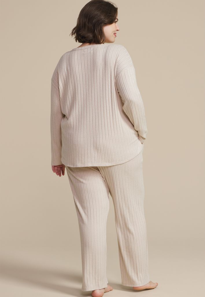Plus Size Heathered Cozy Wide Ribbed Long Sleeve Tee And Wide Leg Pajama Set - Image 2