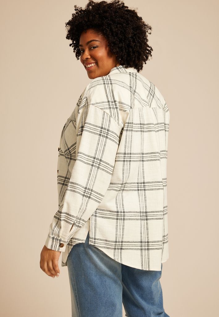 Plus Size Cabin Plaid Boyfriend Tunic Button Down Shirt - Image 2