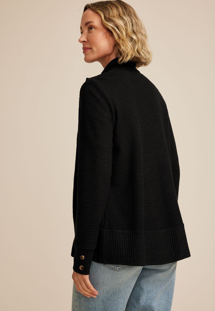 Asymmetrical Waffle Knit Button Wrap Cardigan - Image 2