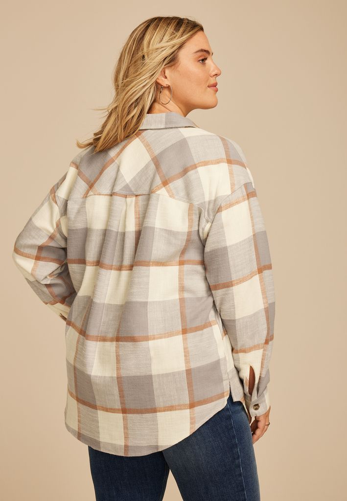 Plus Size Cabin Plaid Boyfriend Tunic Button Down Shirt - Image 2