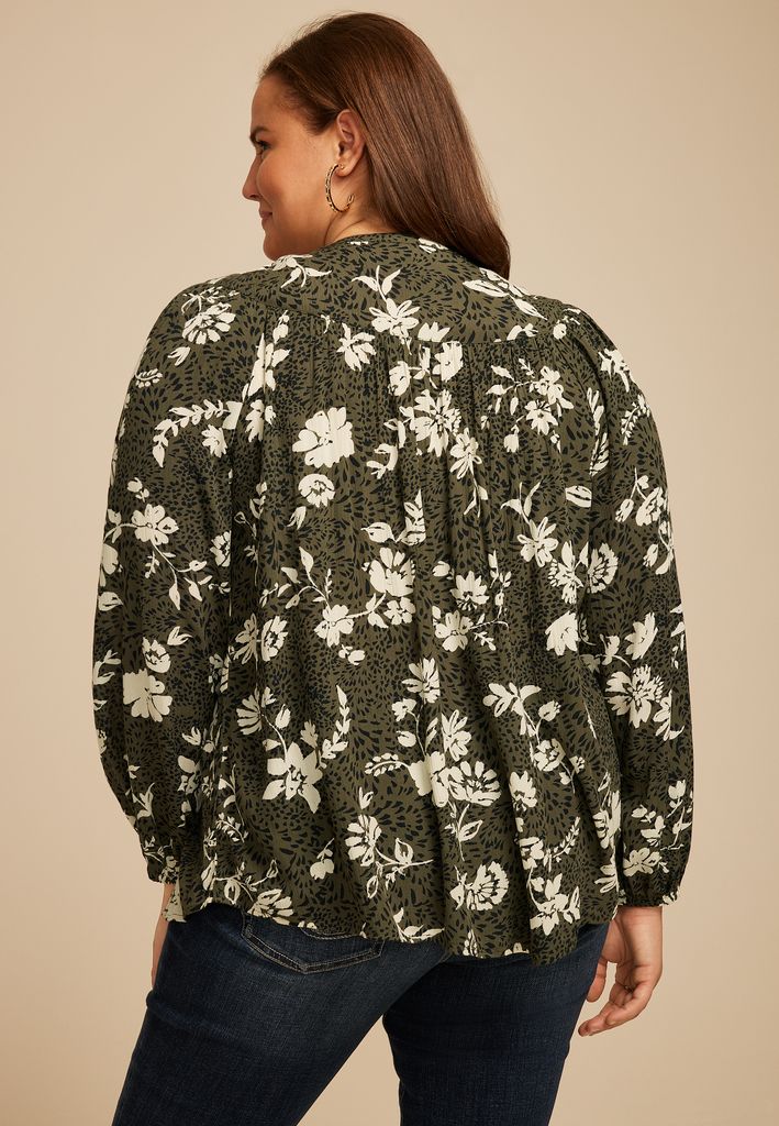 Plus Size Olive Floral Peasant Blouse - Image 2