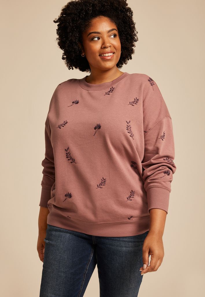 Plus Size Mauve Floral Embroidered Relaxed Fit Sweatshirt