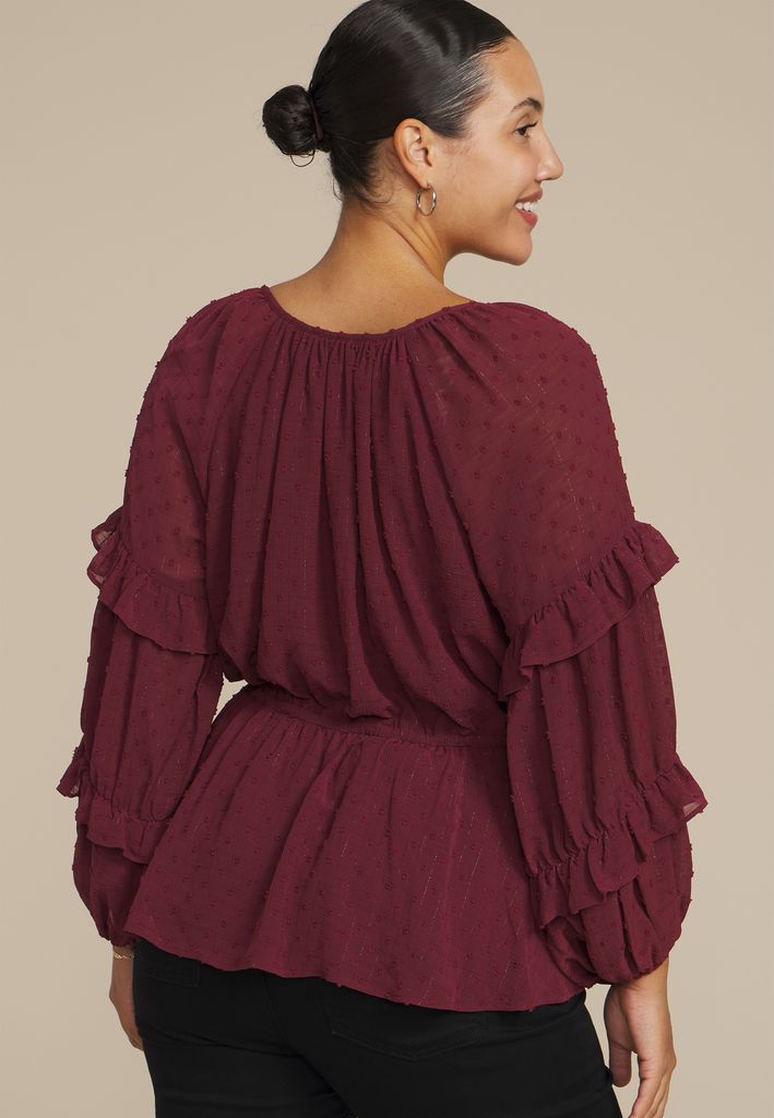 Plus Size Clip Dot Long Sleeve Peplum Blouse - Image 2