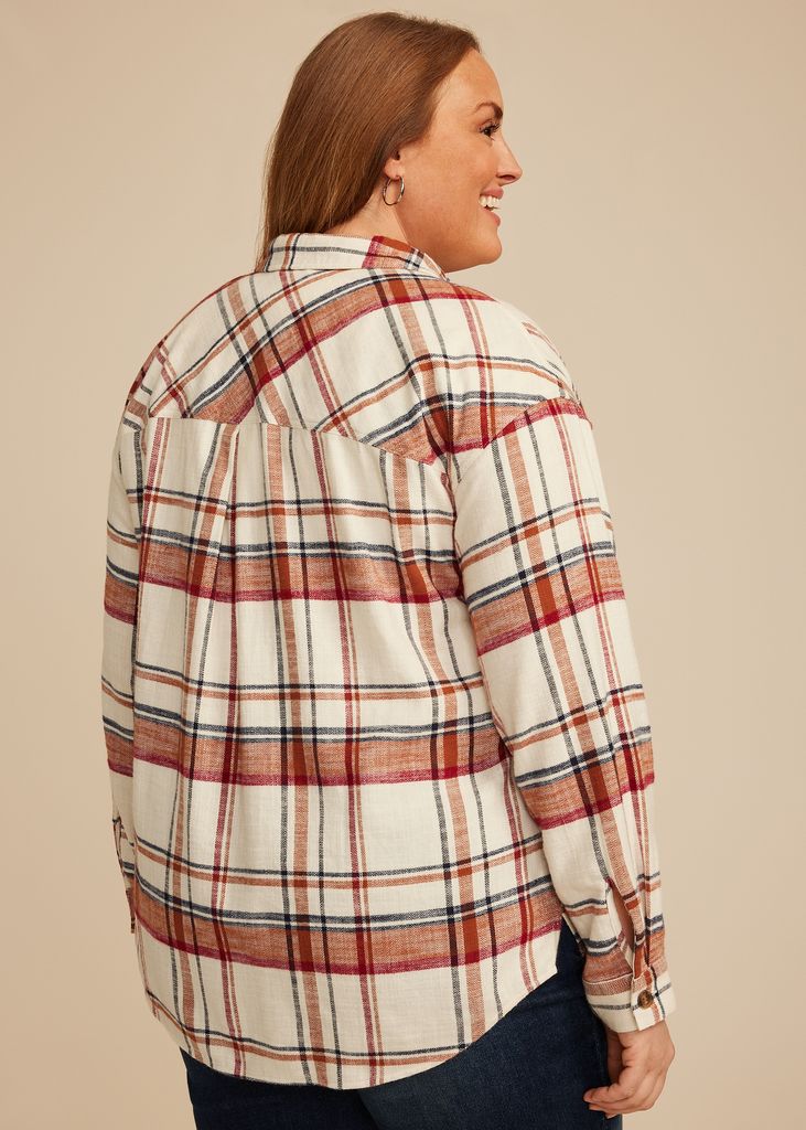 Plus Size Cabin Plaid Boyfriend Tunic Button Down Shirt - Image 2