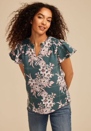 Atwood Floral Smocked Shoulder Flutter Sleeve Blouse
