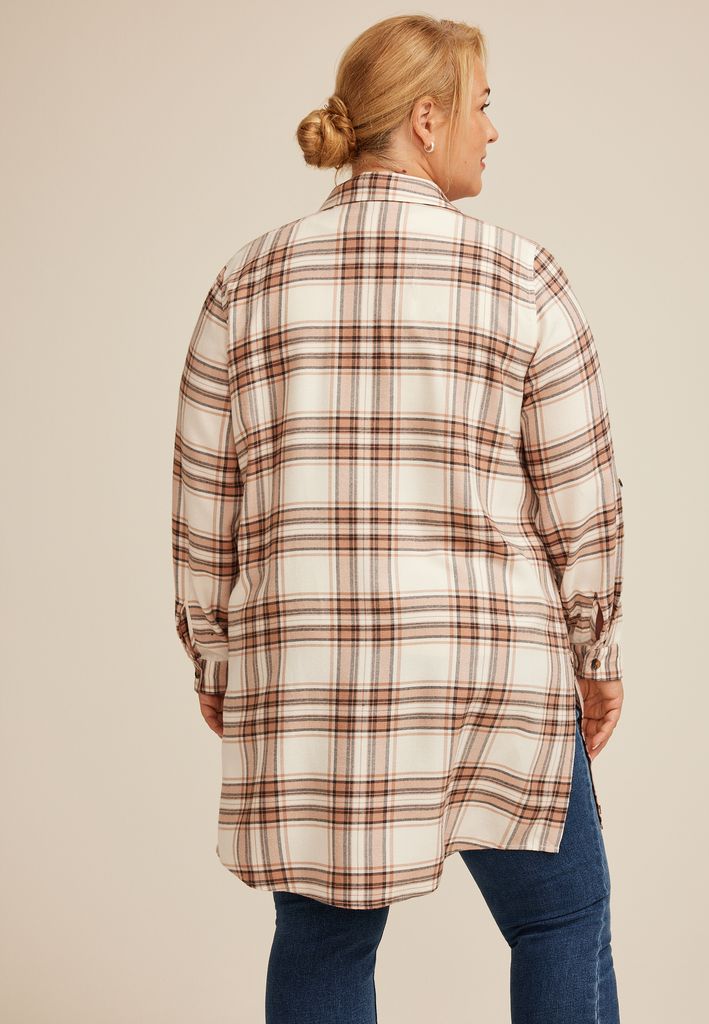 Plus Size Plaid Button Down Duster Shirt - Image 2