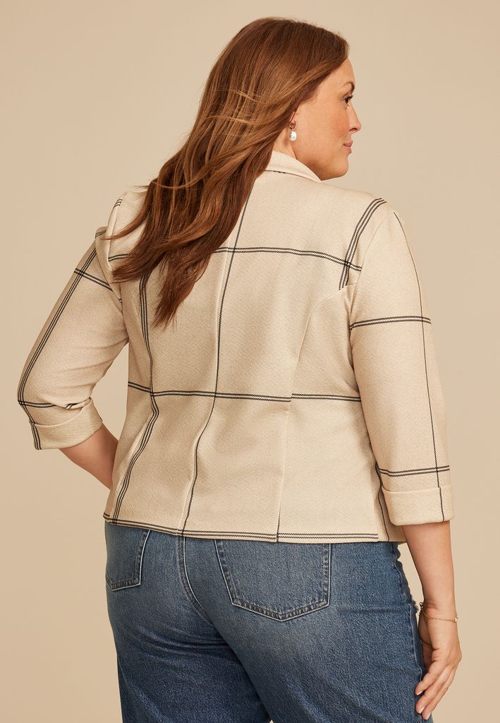 Plus Size Windowpane Plaid Versa Open Front Cropped Blazer - Image 2