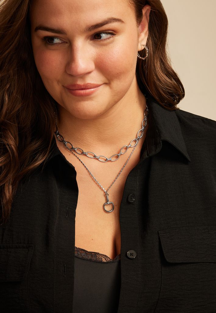 Silver Stirrup Pendant Layered Necklace - Image 2